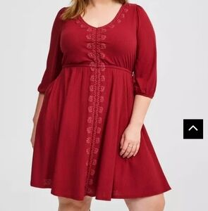 Torrid Burgundy Size 4 Jersey 3/4 Sleeve Puff Print Skater Dresd
